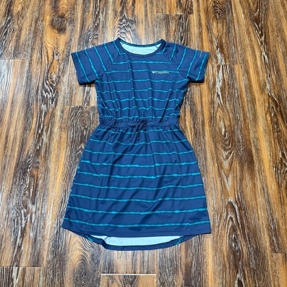 Columbia Girls Size 10 / 12 M PFG Freezer Blue‎ Striped Pocket Shirt Dress Swim